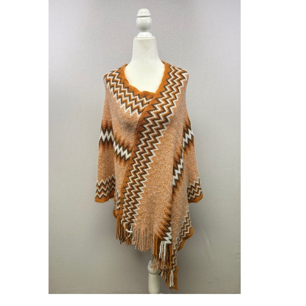 Boho Southwestern‎ Womens OS Orange Chevron Fringe Knit Poncho Wrap Cape